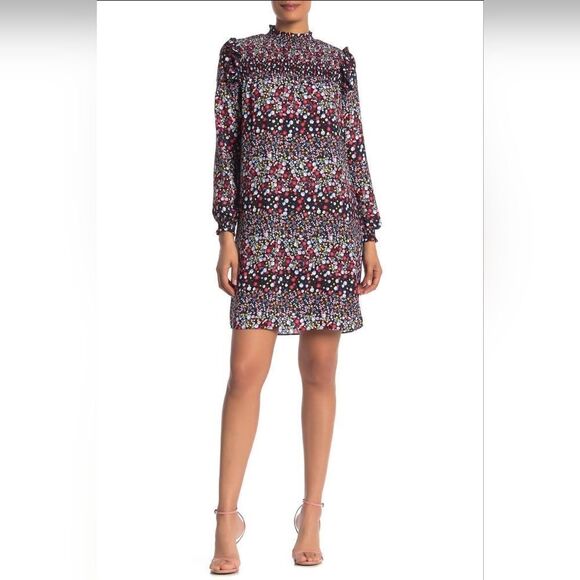 Nanette Lepore Blue Red Yellow Floral Ruffle Smocked Mock-Neck Shift Dress | 10 - Picture 12 of 12